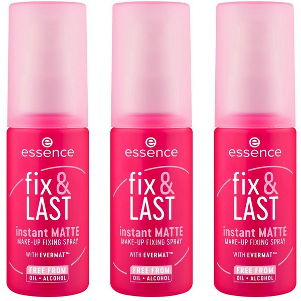 Essence Fixierspray fix & LAST instant MATTE MAKE-UP FIXING SPRAY, 3-tlg., Neuer Sprühkopf für gleichmäßige Anwendung und mattes Finish!