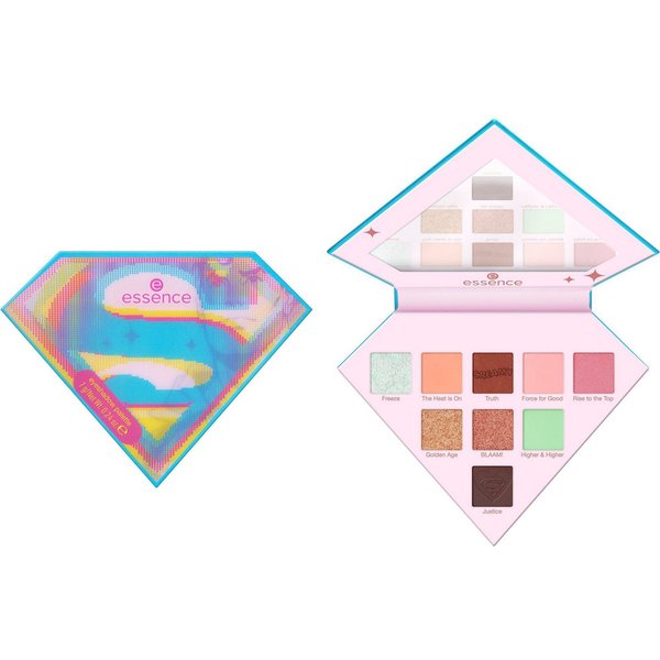 Essence Lidschatten-Palette Superman eyeshadow palette, Hochpigmentiert mit matten, schimmernden und metallischen Texturen.