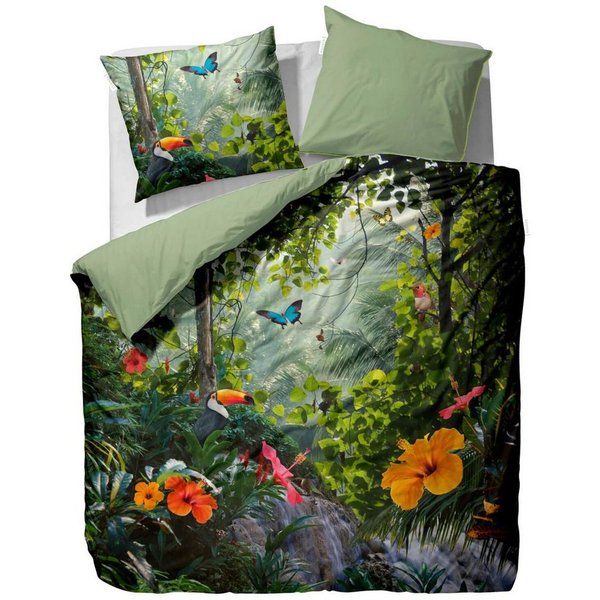 Essenza Bettwäsche Gabriel grün, Satin, 2 teilig, Schmetterlinge, Vögel, Dschungel, Natur