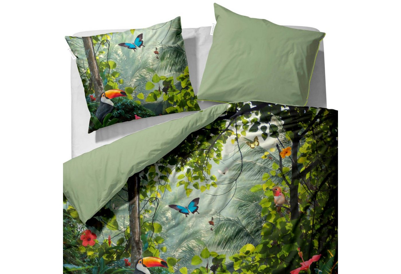 Essenza Bettwäsche Gabriel grün, Satin, 2 teilig, Schmetterlinge, Vögel, Dschungel, Natur – Bild 2 von 5