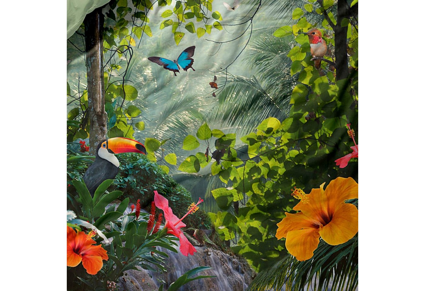 Essenza Bettwäsche Gabriel grün, Satin, 2 teilig, Schmetterlinge, Vögel, Dschungel, Natur – Bild 4 von 5