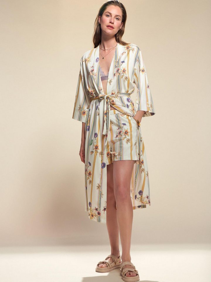 Essenza Kimono Ilona Amare, Langform, Kimono-Kragen, Gürtel, aus Modal-Baumwolle mit sommerlichem floralen Streifenmuster – Bild 3 von 5