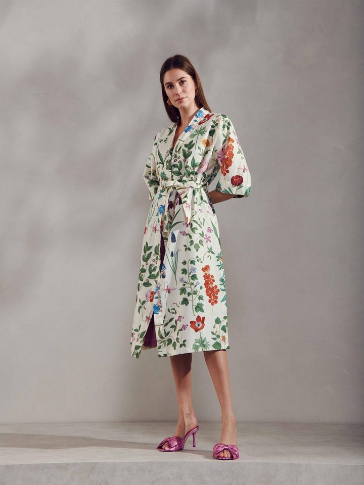Essenza Kimono Ilona Marigold, Langform, Baumwolle, Kimono-Kragen, Gürtel, aus Bio-Baumwolle mit wunderschönem Blumenprint – Bild 4 von 5
