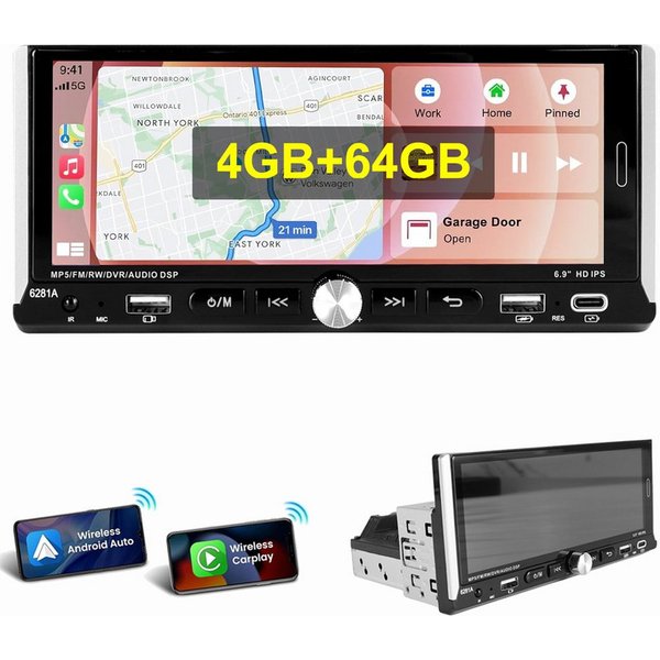 ESSGOO 4GB+64GB Single 1DIN Android 15 Apple Carplay Android Auto GPS WiFi Navigationsgerät (Carplay Android Auto Bluetooth FM AM RDS WIFI GPS)