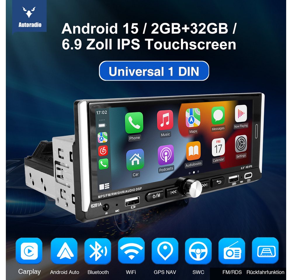 ESSGOO 4GB+64GB Single 1DIN Android 15 Apple Carplay Android Auto GPS WiFi Navigationsgerät (Carplay Android Auto Bluetooth FM AM RDS WIFI GPS) – Bild 2 von 5