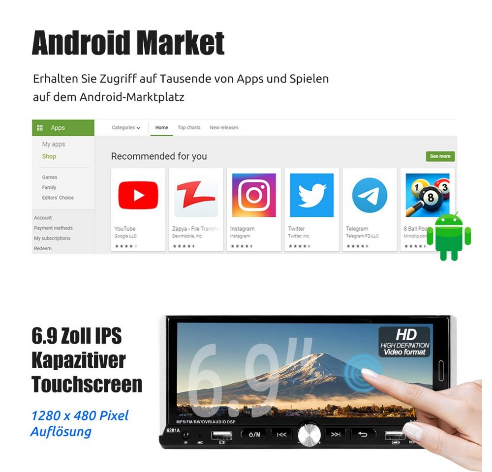 ESSGOO 4GB+64GB Single 1DIN Android 15 Apple Carplay Android Auto GPS WiFi Navigationsgerät (Carplay Android Auto Bluetooth FM AM RDS WIFI GPS) – Bild 5 von 5