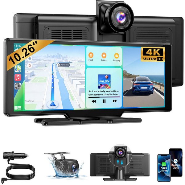 ESSGOO 4K 10.26'' Wireles Carplay Android Auto AutoRadio GPS Bluetooth5.0 DVR Navigationsgerät (64GB Rom TF Card WiFi,4K-Frontkamera/10.26" IPS Bildschirm(1600*