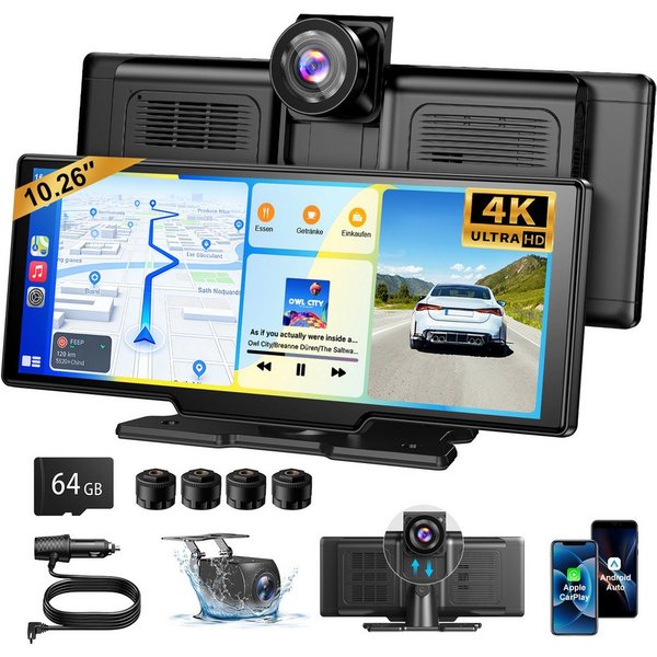 ESSGOO 4K 10.26'' Wireles Carplay Android Auto AutoRadio GPS Bluetooth5.0 DVR Navigationsgerät (64GB Rom TF Card WiFi,4K-Frontkamera/10.26" IPS Bildschirm(1600*
