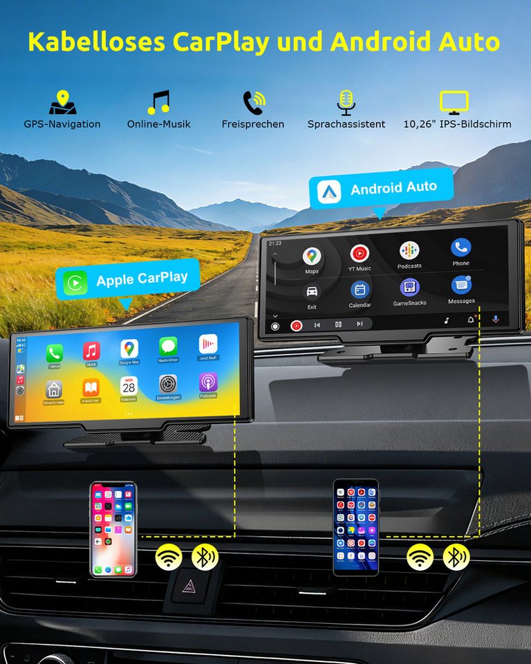 ESSGOO 4K 10.26'' Wireles Carplay Android Auto AutoRadio GPS Bluetooth5.0 DVR Navigationsgerät (64GB Rom TF Card WiFi,4K-Frontkamera/10.26" IPS Bildschirm(1600* – Bild 2 von 5