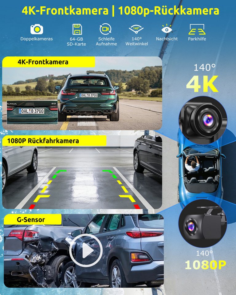 ESSGOO 4K 10.26'' Wireles Carplay Android Auto AutoRadio GPS Bluetooth5.0 DVR Navigationsgerät (64GB Rom TF Card WiFi,4K-Frontkamera/10.26" IPS Bildschirm(1600* – Bild 4 von 5