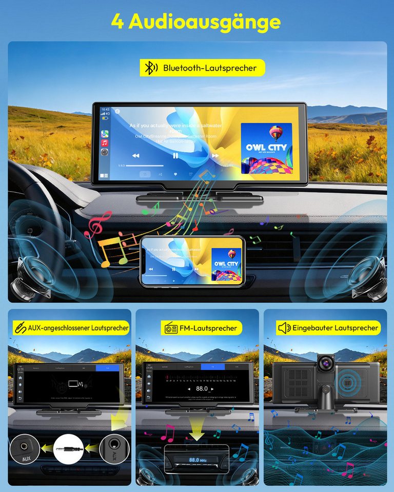 ESSGOO 4K 10.26'' Wireles Carplay Android Auto AutoRadio GPS Bluetooth5.0 DVR Navigationsgerät (64GB Rom TF Card WiFi,4K-Frontkamera/10.26" IPS Bildschirm(1600* – Bild 5 von 5