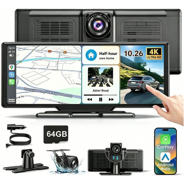 ESSGOO 4K 10.26'' Wireles Carplay Android Auto AutoRadio GPS Bluetooth5.0 DVR Navigationsgerät (64GB Rom TF Card WiFi,4K-Frontkamera/10.26" IPS Bildschirm(1600*