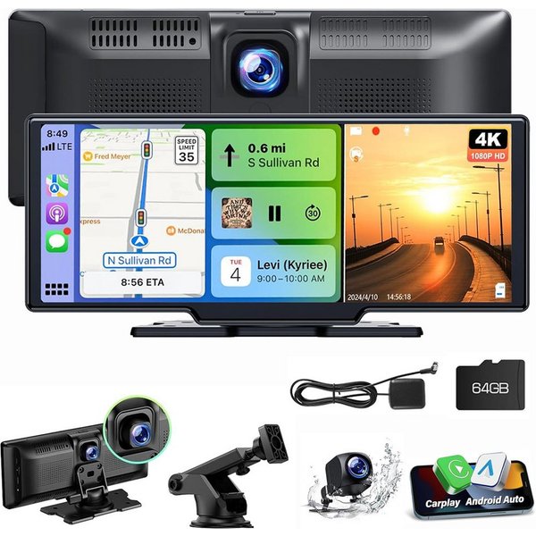 ESSGOO 4K 10.26" Wireless Carplay Android Auto Display Vorne Rückfahrkamera Navigationsgerät (Tragbar Autoradio Rückfahrkamera IPS Touchscreen GPS Navi FM AUX)