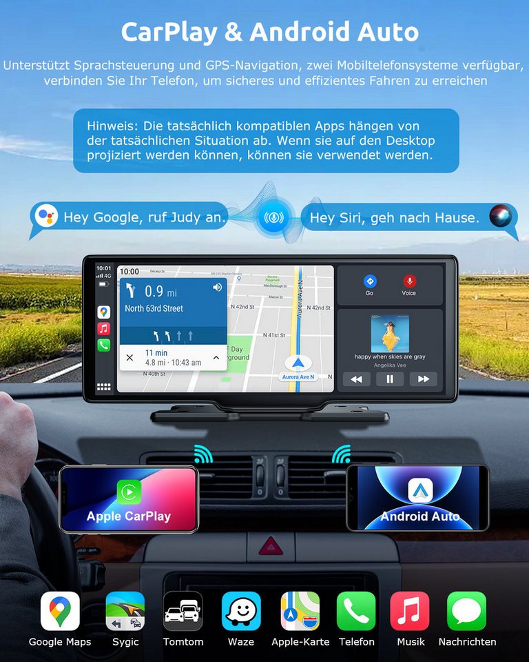 ESSGOO 4K 10.26" Wireless Carplay Android Auto Display Vorne Rückfahrkamera Navigationsgerät (Tragbar Autoradio Rückfahrkamera IPS Touchscreen GPS Navi FM AUX) – Bild 2 von 5
