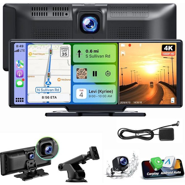 ESSGOO 4K 10.26" Wireless Carplay Android Auto Display Vorne Rückfahrkamera Navigationsgerät (Tragbar Autoradio Rückfahrkamera IPS Touchscreen GPS Navi FM AUX)