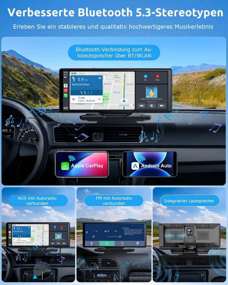 ESSGOO 4K 10.26" Wireless Carplay Android Auto Display Vorne Rückfahrkamera Navigationsgerät (Tragbar Autoradio Rückfahrkamera IPS Touchscreen GPS Navi FM AUX) – Bild 5 von 5
