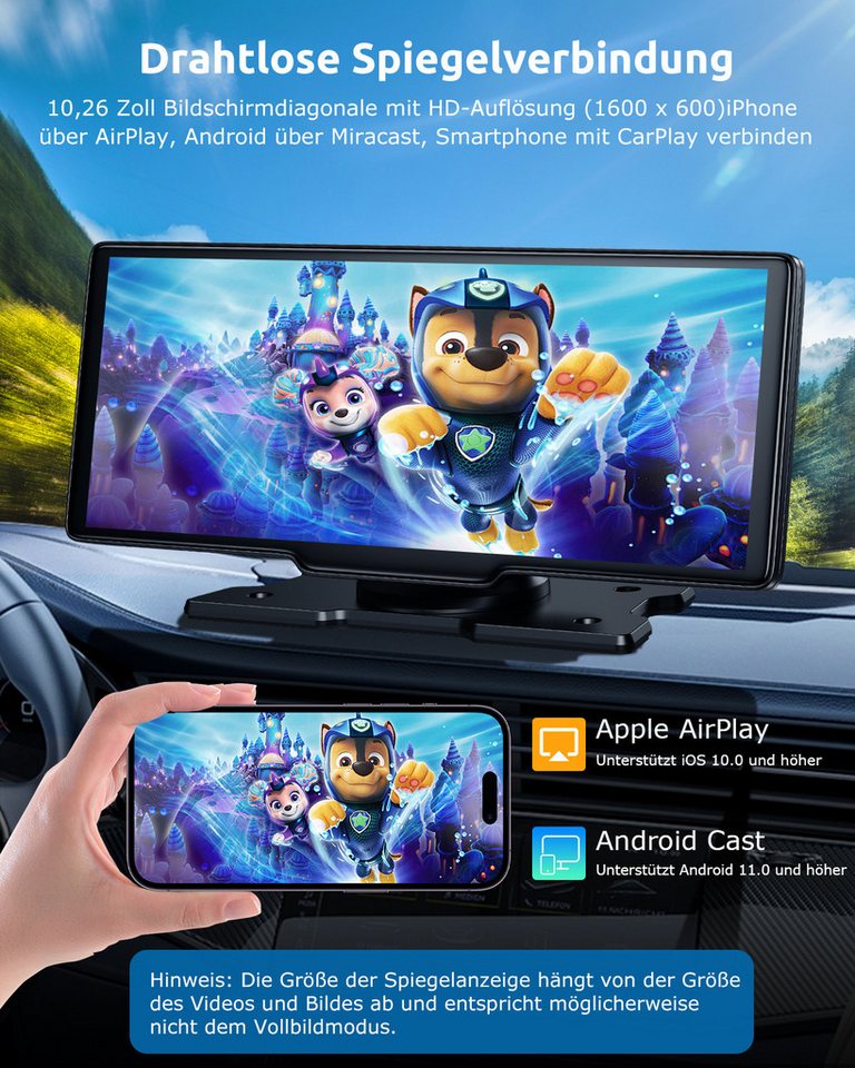 ESSGOO 4K 10.26" Wireless Carplay Android Auto Display Vorne Rückfahrkamera Navigationsgerät (Tragbar Autoradio Rückfahrkamera IPS Touchscreen GPS Navi FM AUX) – Bild 4 von 5