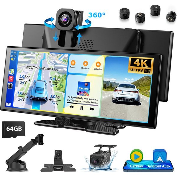 ESSGOO 4K 11,3“ Android Auto 360° Dashcam mit Rückfahrkamera Spiegel Dashcam (HD, Tragbar Autoradio Rückfahrkamera IPS Touchscreen GPS Navi FM AUX)