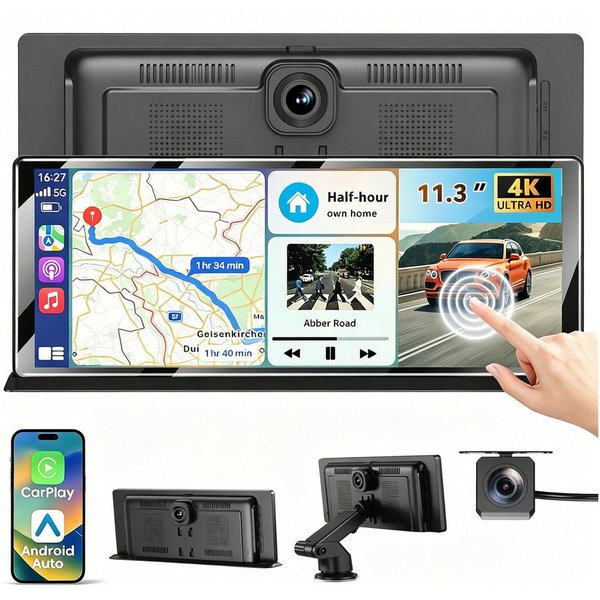 ESSGOO 4K 11.3'' Wireless Carplay Android Auto Dashcam mit Rückfahrkamera GPS Navigationsgerät (Apple Carplay Android Auto GPS Navi WIFI BT EQ)