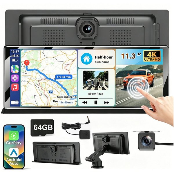 ESSGOO 4K 11.3'' Wireless Carplay Android Auto Dashcam mit Rückfahrkamera GPS Navigationsgerät (Apple Carplay Android Auto GPS Navi WIFI BT EQ)