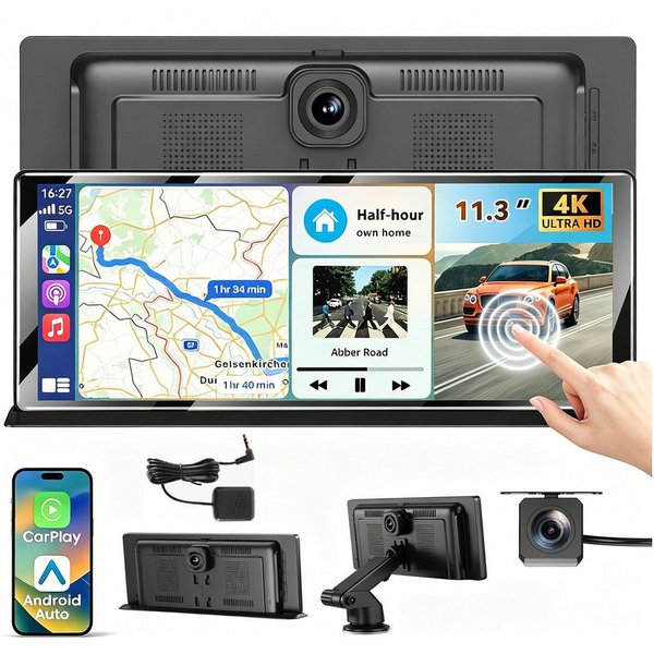 ESSGOO 4K 11.3'' Wireless Carplay Android Auto Dashcam mit Rückfahrkamera GPS Navigationsgerät (Apple Carplay Android Auto GPS Navi WIFI BT EQ)