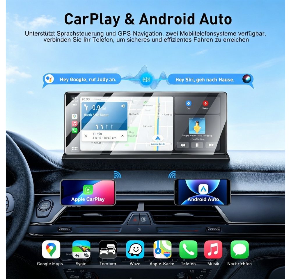 ESSGOO 4K 11.3'' Wireless Carplay Android Auto Dashcam mit Rückfahrkamera GPS Navigationsgerät (Apple Carplay Android Auto GPS Navi WIFI BT EQ) – Bild 2 von 5