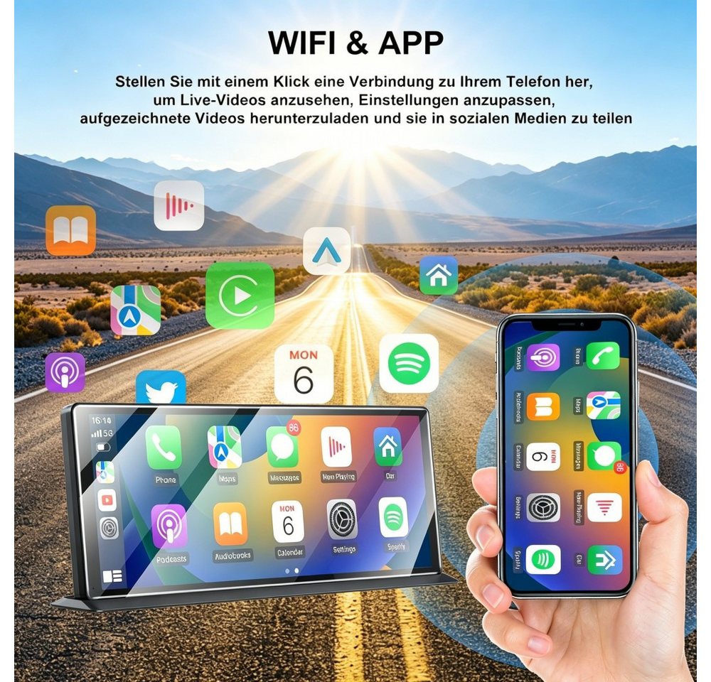 ESSGOO 4K 11.3'' Wireless Carplay Android Auto Dashcam mit Rückfahrkamera GPS Navigationsgerät (Apple Carplay Android Auto GPS Navi WIFI BT EQ) – Bild 4 von 5
