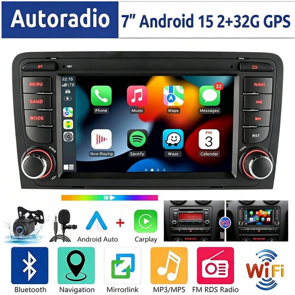 ESSGOO 7" Android 15 Für Audi A3 8P 2003-2012 S3 2006-2012 RS3 GPS Navi Autoradio (RDS, 2+64GB(optional), FM, DAB+ (optional), Wireless Carplay Android Auto Blu