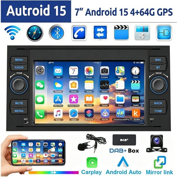 ESSGOO 7" Android 15 Für Ford Focus Transit MK7 C S-Max Fiesta Galaxy Kuga Autoradio (RDS, 2+64GB(optional), 4G, FM, DAB+ (optional), GPS Navi Carplay Android A