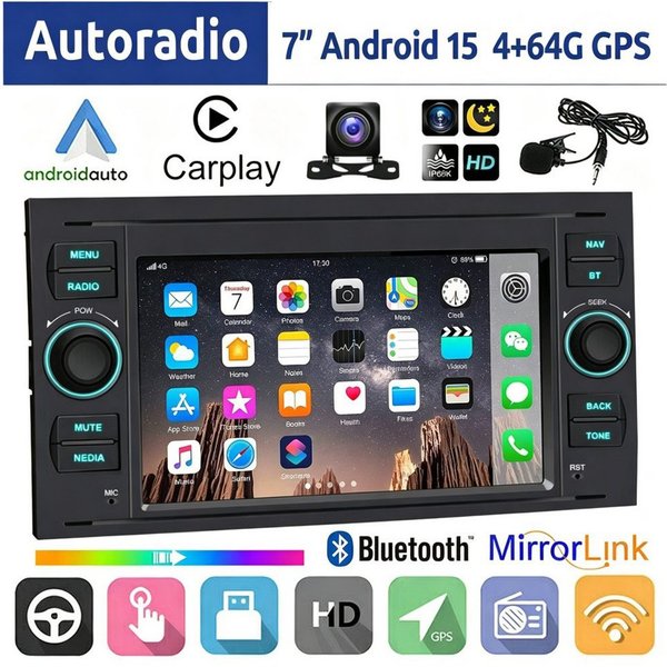 ESSGOO 7" Android 15 Für Ford Focus Transit MK7 C S-Max Fiesta Galaxy Kuga Autoradio (RDS, 2+64GB(optional), 4G, FM, DAB+ (optional), GPS Navi Carplay Android A