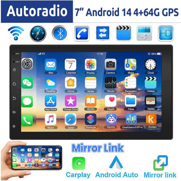 ESSGOO 7 Zoll Doppel 2 DIN Android 14 4+64G Autoradio (Digitalradio (DAB), FM, RDS, FM RDS Bluetooth EQ USB Apple Carplay Android Auto GPS Navi WIFI)