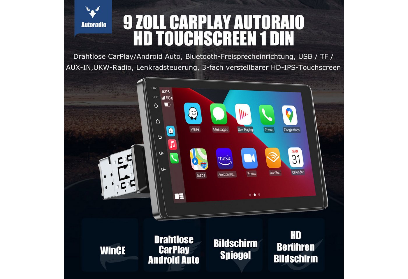 ESSGOO 9" 1-DIN Autoradio mit Touchscreen CarPlay Android Auto und Bluetooth Autoradio (AUX, 12CAM(optional), Single DIN, Apple Carplay Android Auto GPS Navi WI – Bild 2 von 5