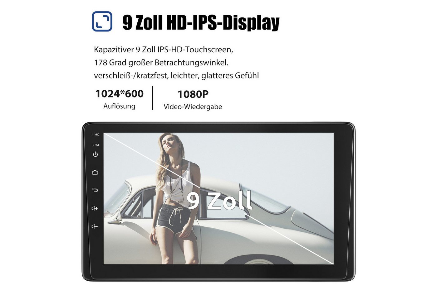 ESSGOO 9" 1-DIN Autoradio mit Touchscreen CarPlay Android Auto und Bluetooth Autoradio (AUX, 12CAM(optional), Single DIN, Apple Carplay Android Auto GPS Navi WI – Bild 4 von 5