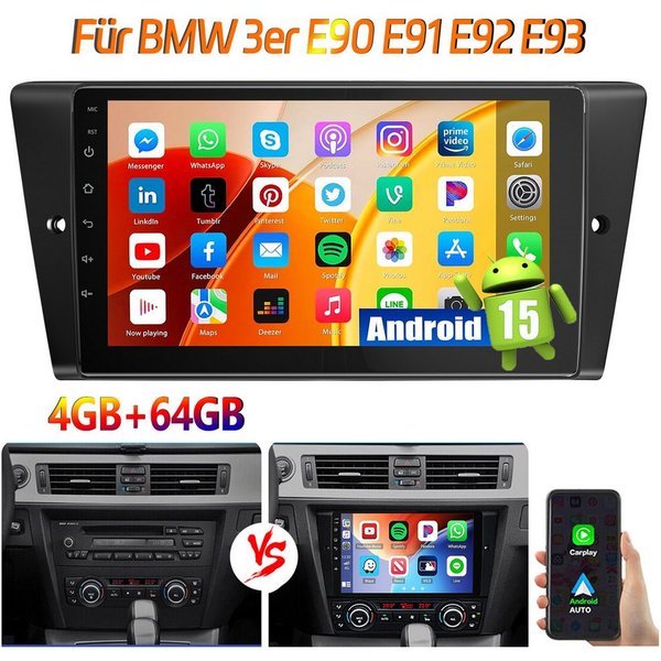ESSGOO 9'' DAB+ Für BMW 3er E90 E91 E92 E93 Carplay Android15 GPS WIFI BT 4.1 Navigationsgerät (Carplay Android Auto Bluetooth EQ USB GPS Navi WIFI Touchscreen)