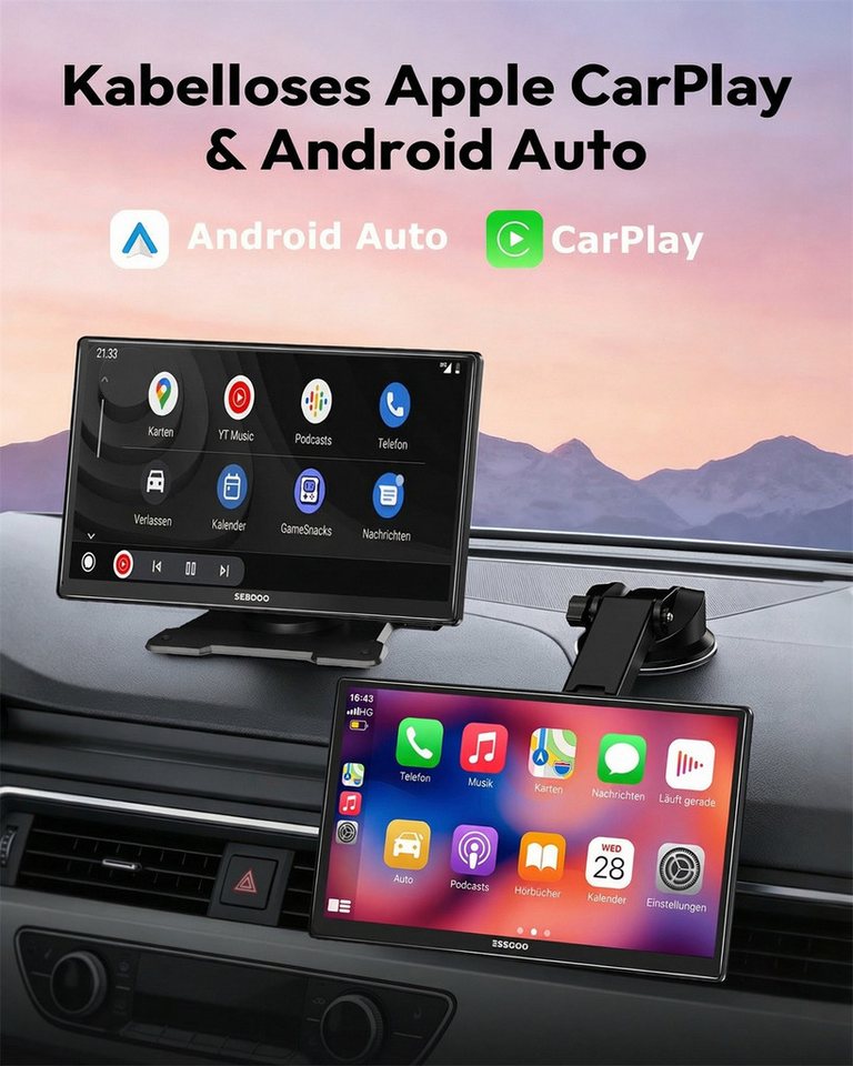ESSGOO 9'' Tragbarer CarPlay Android Auto Wireless Display Autoradio Display Navigationsgerät (Kabellos Apple Carplay /Android Auto Auflösung: 1024*600) – Bild 2 von 5