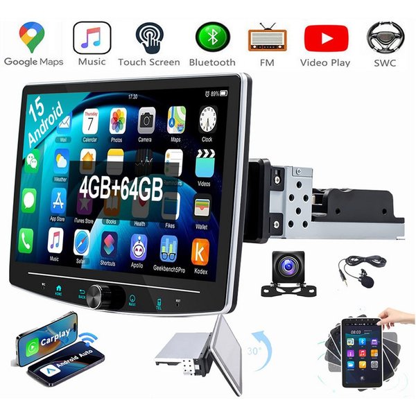 ESSGOO Android 15 Carplay Autoradio GPS RDS BT 1 DIN 360° Drehbar Bildschirm Autoradio (RDS, Digitalradio (DAB), FM, AM)