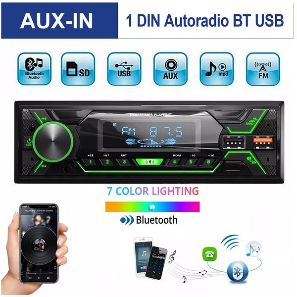 ESSGOO Autoradio mit Bluetooth BT Freisprech 7 Farben 1 DIN MP3 Player USB FM Autoradio (FM MP3)