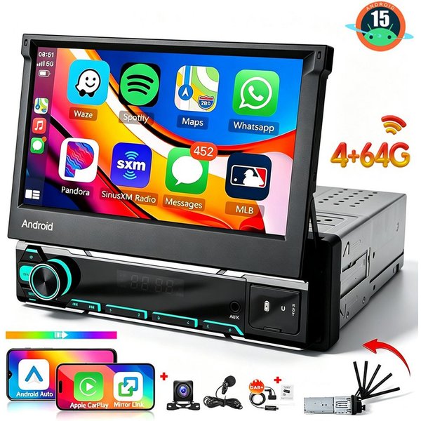 ESSGOO DAB+ 4+64G 1 DIN 7'' Flip Out Android 15/16 Carplay Autoradio GPS WIFI Navigationsgerät (Apple Carplay Android Auto GPS Navi WIFI BT EQ)