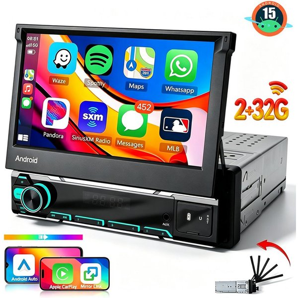 ESSGOO DAB+ 4+64G 1 DIN 7'' Flip Out Android 15/16 Carplay Autoradio GPS WIFI Navigationsgerät (Apple Carplay Android Auto GPS Navi WIFI BT EQ)