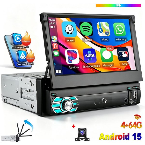 ESSGOO DAB+ 4+64G 1 DIN 7'' Flip Out Android 15/16 Carplay Autoradio GPS WIFI Navigationsgerät (Apple Carplay Android Auto GPS Navi WIFI BT EQ)