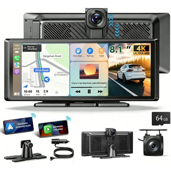 ESSGOO Dashcam CarPlay Tragbarer Android Auto Navigationsgeräte Reifendruck Dashcam (HD, Tragbar Autoradio Rückfahrkamera IPS Touchscreen GPS Navi FM AUX)