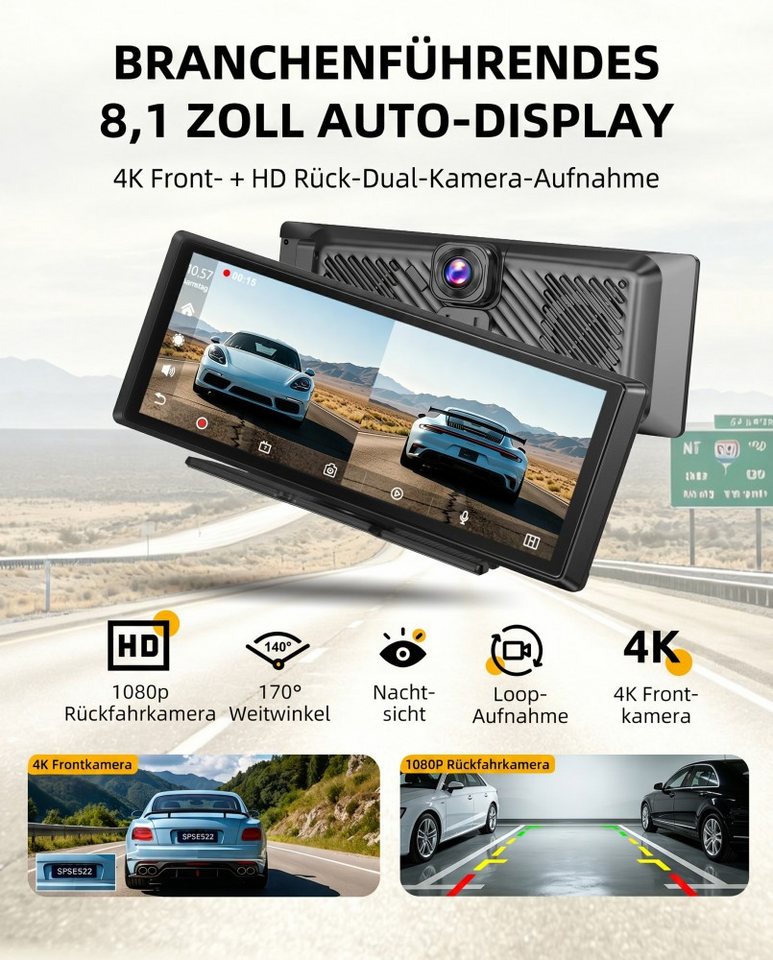 ESSGOO Dashcam CarPlay Tragbarer Android Auto Navigationsgeräte Reifendruck Dashcam (HD, Tragbar Autoradio Rückfahrkamera IPS Touchscreen GPS Navi FM AUX) – Bild 3 von 5