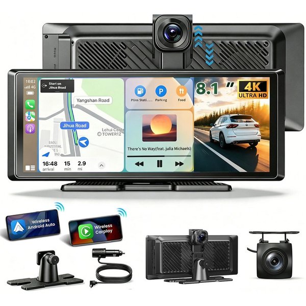 ESSGOO Dashcam CarPlay Tragbarer Android Auto Navigationsgeräte Reifendruck Dashcam (HD, Tragbar Autoradio Rückfahrkamera IPS Touchscreen GPS Navi FM AUX)