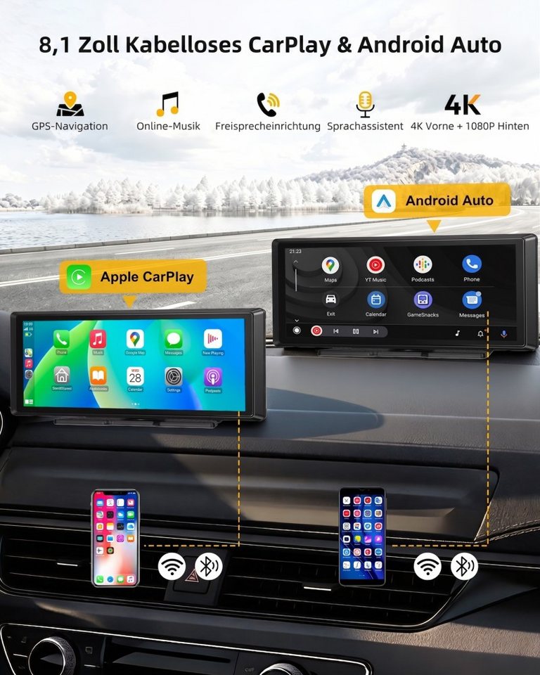 ESSGOO Dashcam CarPlay Tragbarer Android Auto Navigationsgeräte Reifendruck Dashcam (HD, Tragbar Autoradio Rückfahrkamera IPS Touchscreen GPS Navi FM AUX) – Bild 2 von 5