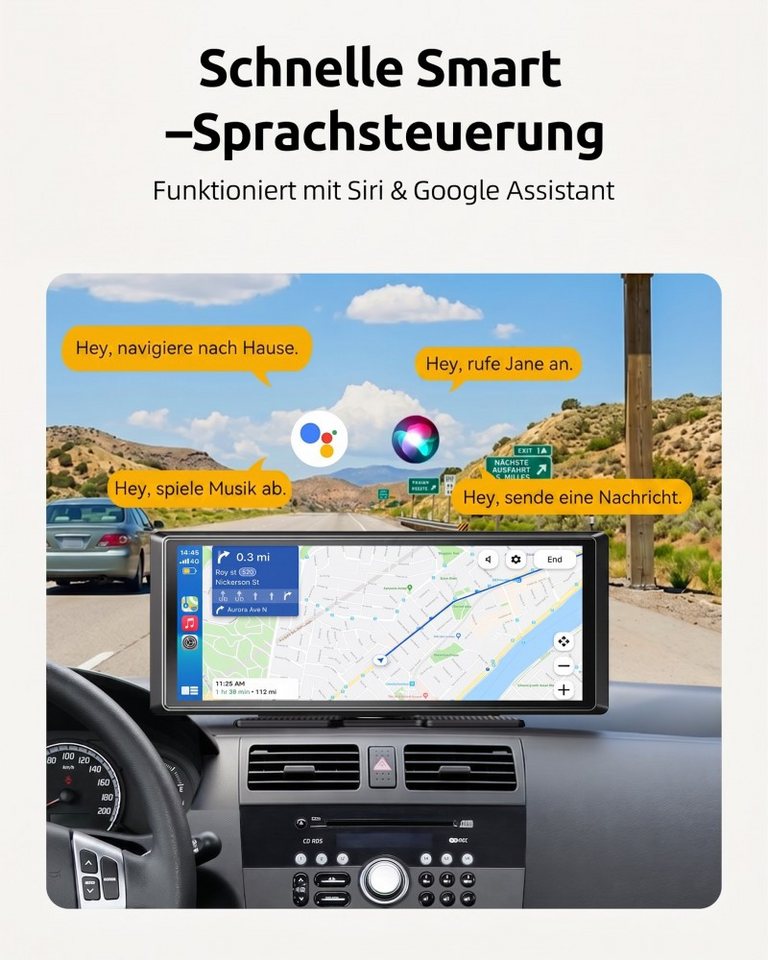 ESSGOO Dashcam CarPlay Tragbarer Android Auto Navigationsgeräte Reifendruck Dashcam (HD, Tragbar Autoradio Rückfahrkamera IPS Touchscreen GPS Navi FM AUX) – Bild 4 von 5