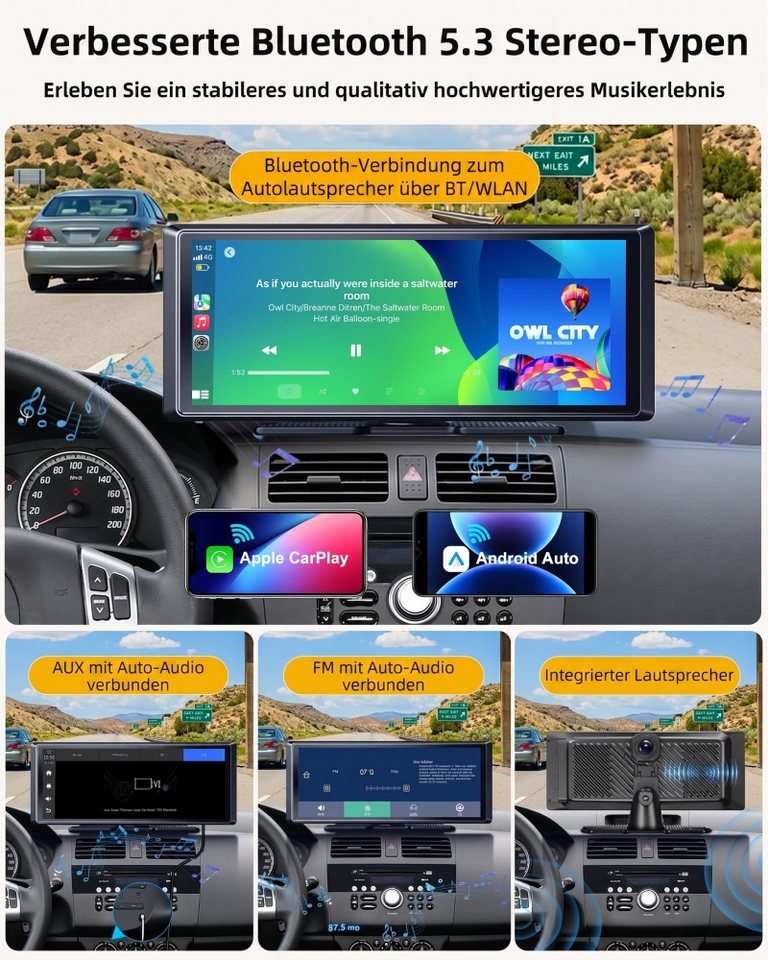 ESSGOO Dashcam CarPlay Tragbarer Android Auto Navigationsgeräte Reifendruck Dashcam (HD, Tragbar Autoradio Rückfahrkamera IPS Touchscreen GPS Navi FM AUX) – Bild 5 von 5
