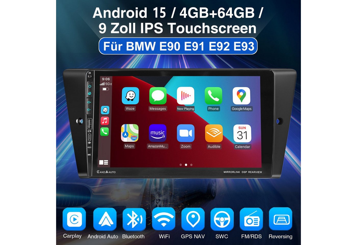ESSGOO Für BMW 3ER E90 E91 E92 E93 Carplay RDS Android 15 Autoradio GPS Navi Navigationsgerät (Carplay Android Auto Bluetooth EQ USB GPS Navi WIFI Touchscreen) – Bild 2 von 5