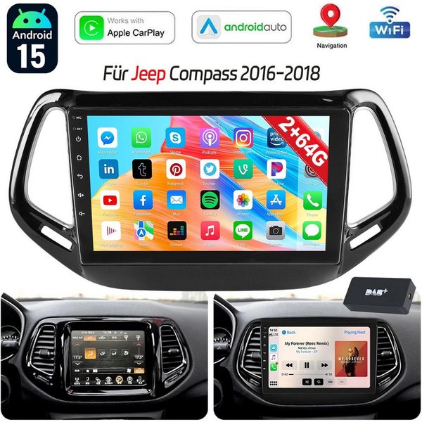 ESSGOO Für Jeep Compass 2017-2020 Android 15.0 Autoradio Carplay NAVI FM SWC Autoradio (DAB+ (optional), DAB (optional), 4+64GB(optional), RDS, AM, FM, Carplay 