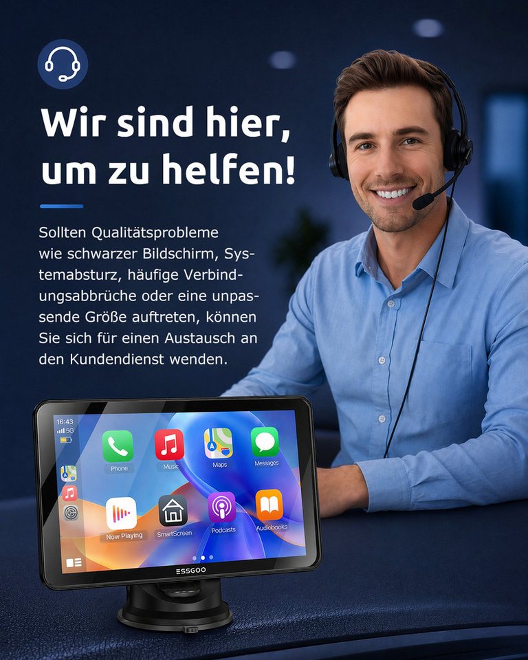 ESSGOO Kabelloses Apple Carplay & Android Auto, 7-Zoll CarPlay Display Navigationsgerät (Autoradio Bluetooth Sprachsteuerung) – Bild 4 von 5