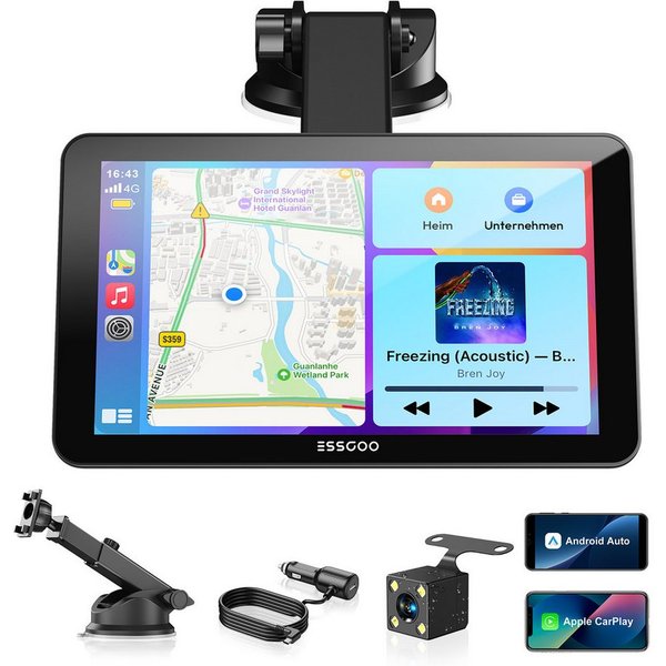 ESSGOO Kabelloses Apple Carplay & Android Auto, 7-Zoll CarPlay Display Navigationsgerät (Autoradio Bluetooth Sprachsteuerung)